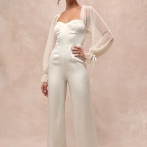 Lulus Gracefully Modern Ivory Satin Mesh Long Sleeve Bustier Jumpsuit White